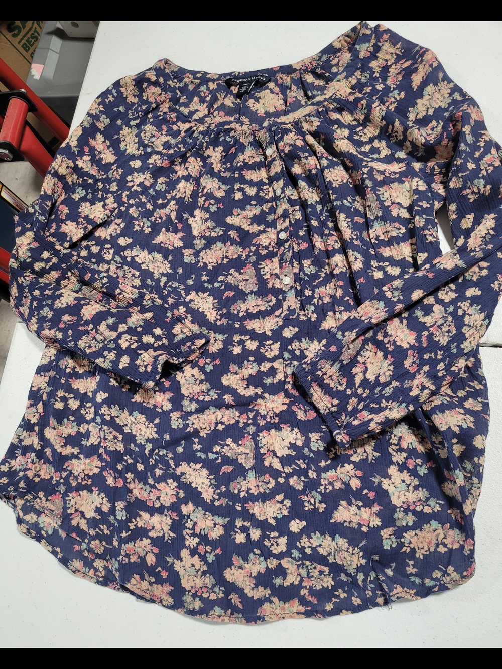 American Living Navy Floral Peasant Blouse